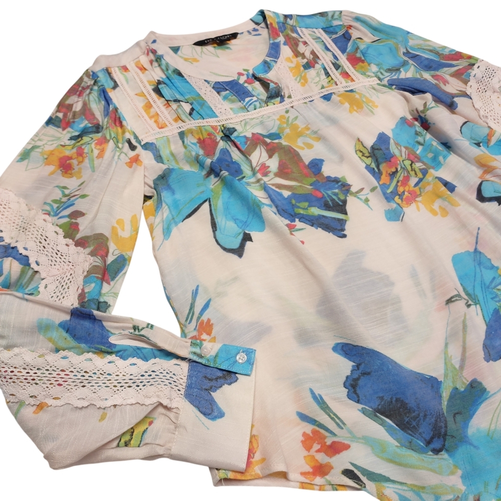 Zac & Rachel Women's Multi Color Floral Print Blouse Lace Trimmed Long Sleeve M - Picture 6 of 10